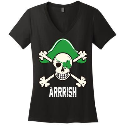Arrrish Irish Clover skull St Patricks Day Women's V-Neck T-Shirt