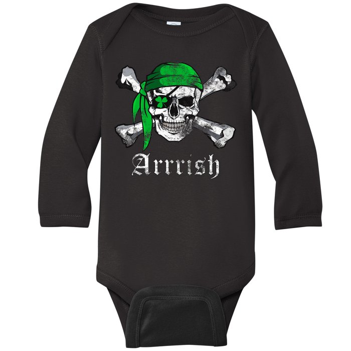 Arrrish Irish Pirate Skull Clover Baby Long Sleeve Bodysuit