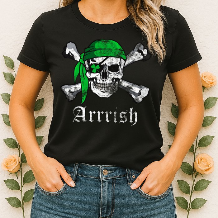 Arrrish Irish Pirate Skull Clover Womens T-Shirt