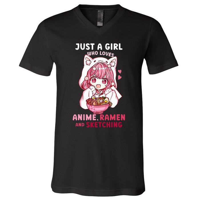 Anime Ramen Sketching Just A Girl Who Loves Anime Sketching V-Neck T-Shirt