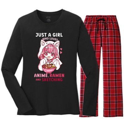 Anime Ramen Sketching Just A Girl Who Loves Anime Sketching Women's Long Sleeve Flannel Pajama Set 