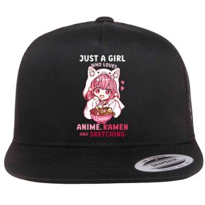 Anime Ramen Sketching Just A Girl Who Loves Anime Sketching Flat Bill Trucker Hat