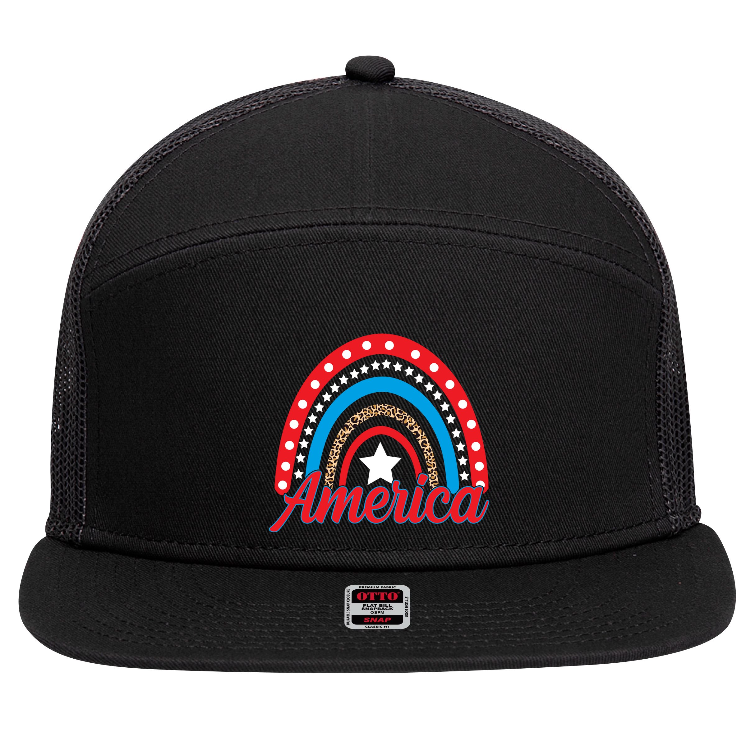 America Rainbow Star 4th Of July 7 Panel Mesh Trucker Snapback Hat