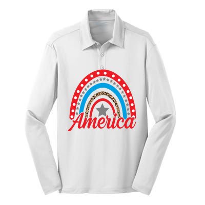 America Rainbow Star 4th Of July Silk Touch Performance Long Sleeve Polo