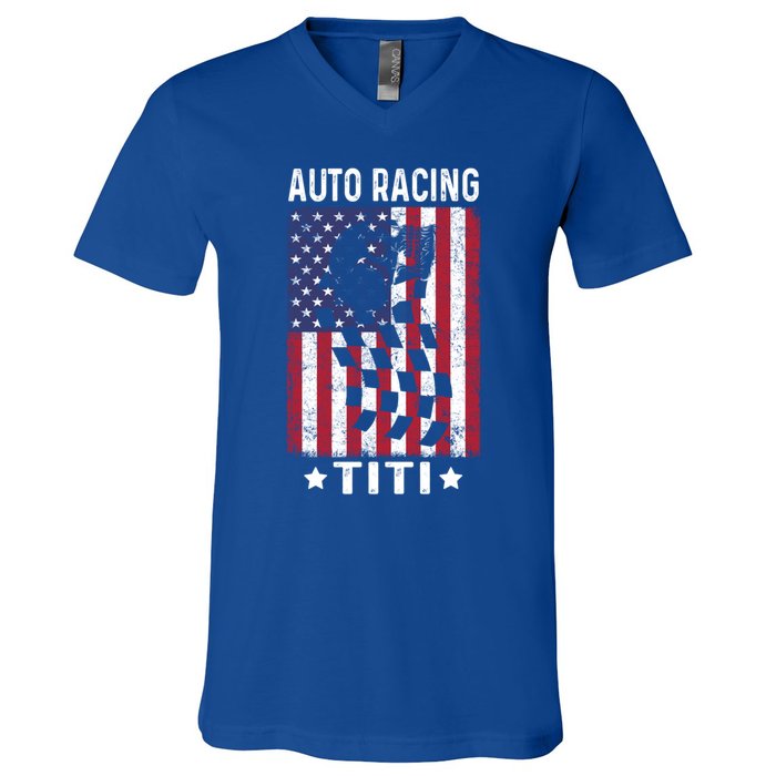 Auto Racing Titi Aunt Usa Flag 4th Of July Cute Gift V-Neck T-Shirt