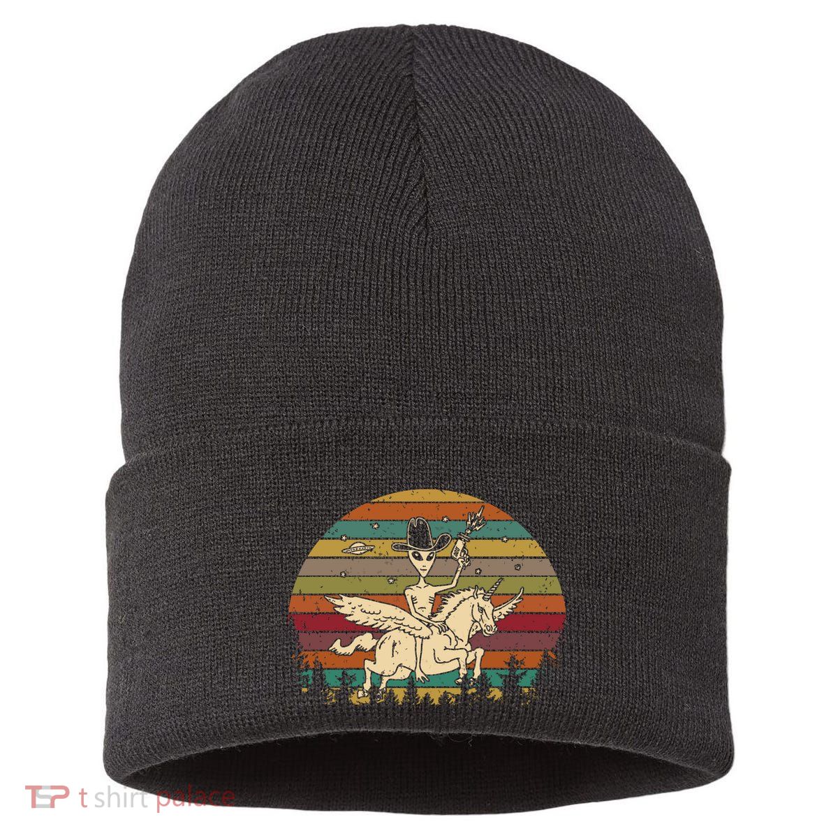 Alien Riding Unicorn Funny Cool Ufo Vintage Sustainable Knit Beanie