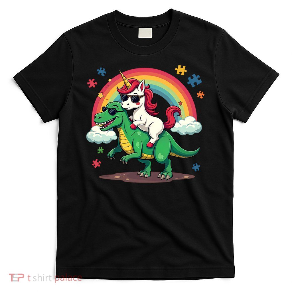 Autism Rainbow Unicorn Riding Dinosaur Gift T-Shirt