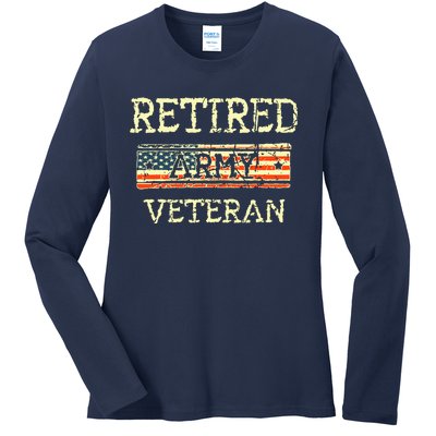 Army Retired Veteran Army American Flag Veteran Retirement Ladies Long Sleeve Shirt