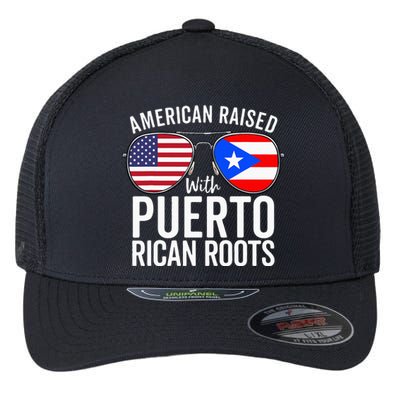 American Raised With Puerto Rican Roots USA Puerto Rico Flag Flexfit Unipanel Trucker Cap