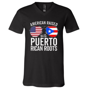 American Raised With Puerto Rican Roots USA Puerto Rico Flag V-Neck T-Shirt