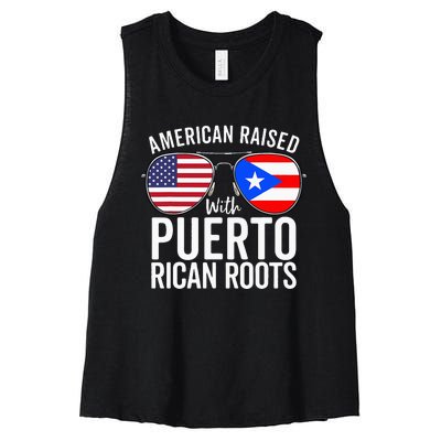 American Raised With Puerto Rican Roots USA Puerto Rico Flag Women's Racerback Cropped Tank