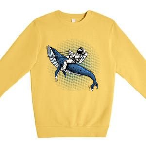 Astronaut Riding Whale In Space Blue Graphic Great Gift Premium Crewneck Sweatshirt