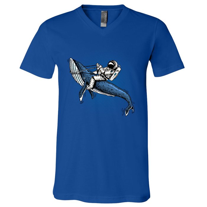 Astronaut Riding Whale In Space Blue Graphic Great Gift V-Neck T-Shirt