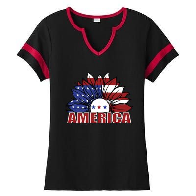 America Red White And Blue Sunflower Design Meaningful Gift Ladies Halftime Notch Neck Tee