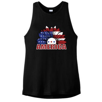 America Red White And Blue Sunflower Design Meaningful Gift Ladies PosiCharge Tri-Blend Wicking Tank