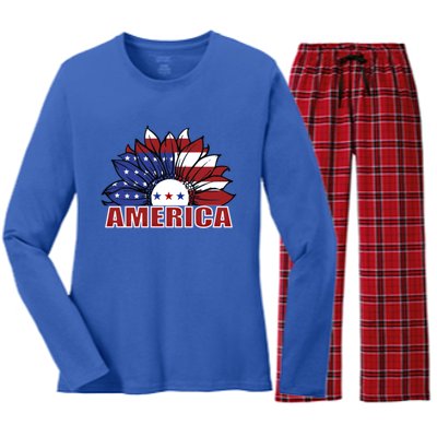 America Red White And Blue Sunflower Design Meaningful Gift Women's Long Sleeve Flannel Pajama Set 