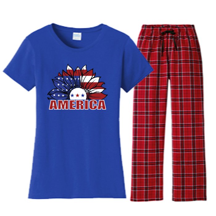 America Red White And Blue Sunflower Design Meaningful Gift Women's Flannel Pajama Set