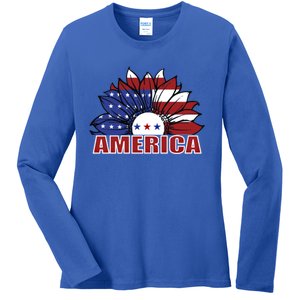 America Red White And Blue Sunflower Design Meaningful Gift Ladies Long Sleeve Shirt