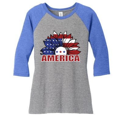 America Red White And Blue Sunflower Design Meaningful Gift Women's Tri-Blend 3/4-Sleeve Raglan Shirt