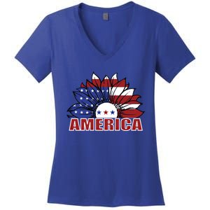 America Red White And Blue Sunflower Design Meaningful Gift Women's V-Neck T-Shirt