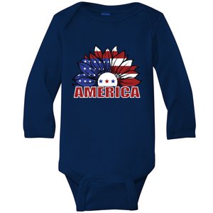 America Red White And Blue Sunflower Design Meaningful Gift Baby Long Sleeve Bodysuit