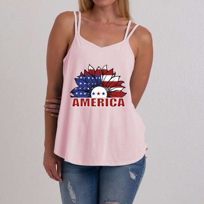 America Red White And Blue Sunflower Design Meaningful Gift Women's Strappy Tank