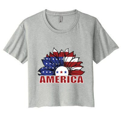 America Red White And Blue Sunflower Design Meaningful Gift Women's Crop Top Tee