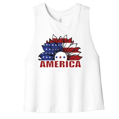 America Red White And Blue Sunflower Design Meaningful Gift Women's Racerback Cropped Tank