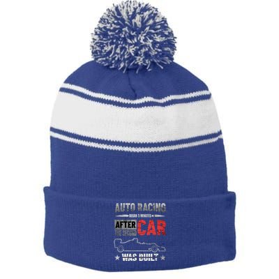 Auto Racing Was Built Funny Auto Racing Mechanic Gift Stripe Pom Pom Beanie