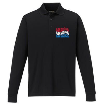 America Red White Blue Patriotic Happy 4th Of July Men Women Performance Long Sleeve Polo