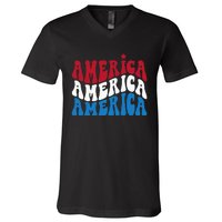 America Red White Blue Patriotic Happy 4th Of July Men Women V-Neck T-Shirt