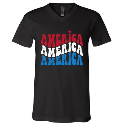 America Red White Blue Patriotic Happy 4th Of July Men Women V-Neck T-Shirt