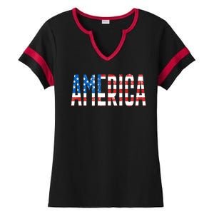 America Red White Blue Stars And Stripes Ladies Halftime Notch Neck Tee