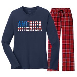 America Red White Blue Stars And Stripes Women's Long Sleeve Flannel Pajama Set 