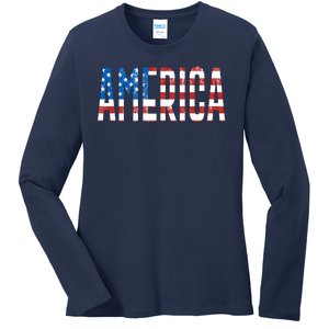 America Red White Blue Stars And Stripes Ladies Long Sleeve Shirt