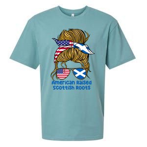 American Raised With Scottish Roots Messy Bun Gift Sueded Cloud Jersey T-Shirt