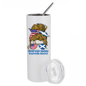 American Raised With Scottish Roots Messy Bun Gift Stainless Steel Tumbler