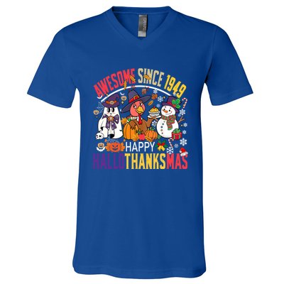 Awesome Since 1949 75th Birthday Funny Hallothanksmas Cute Gift V-Neck T-Shirt