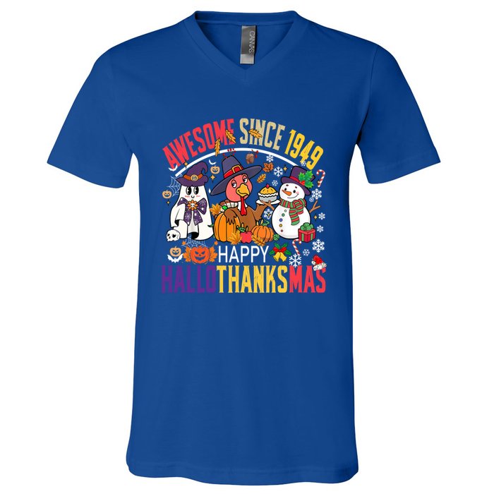 Awesome Since 1949 75th Birthday Funny Hallothanksmas Cute Gift V-Neck T-Shirt