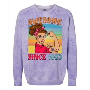 Awesome Since 1923 100th Birthday Messy Bun Rosie The Riveter Colorblast Crewneck Sweatshirt