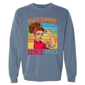 Awesome Since 1923 100th Birthday Messy Bun Rosie The Riveter Garment-Dyed Sweatshirt