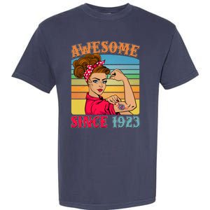 Awesome Since 1923 100th Birthday Messy Bun Rosie The Riveter Garment-Dyed Heavyweight T-Shirt