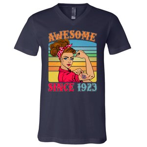 Awesome Since 1923 100th Birthday Messy Bun Rosie The Riveter V-Neck T-Shirt