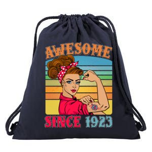 Awesome Since 1923 100th Birthday Messy Bun Rosie The Riveter Drawstring Bag