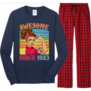 Awesome Since 1923 100th Birthday Messy Bun Rosie The Riveter Long Sleeve Pajama Set