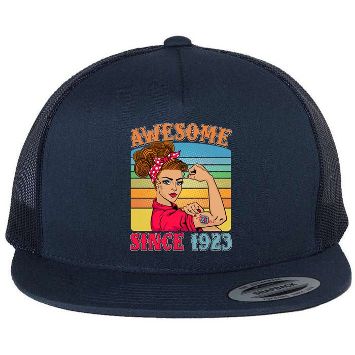 Awesome Since 1923 100th Birthday Messy Bun Rosie The Riveter Flat Bill Trucker Hat