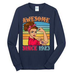 Awesome Since 1923 100th Birthday Messy Bun Rosie The Riveter Tall Long Sleeve T-Shirt