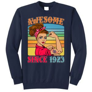 Awesome Since 1923 100th Birthday Messy Bun Rosie The Riveter Tall Sweatshirt