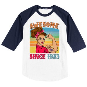 Awesome Since 1923 100th Birthday Messy Bun Rosie The Riveter Baseball Sleeve Shirt