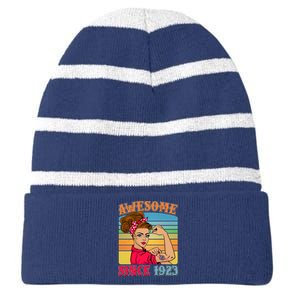 Awesome Since 1923 100th Birthday Messy Bun Rosie The Riveter Striped Beanie with Solid Band